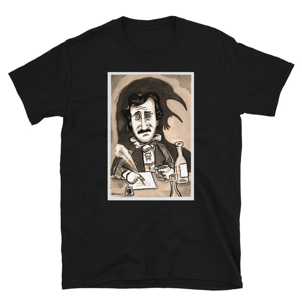 Edgar Allen Poe With Quill Pen and Raven Shadow Sepia-Tone T-Shirt
